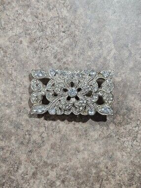 Vintage Floral Rhinestone Silver Tone Belt Buckle